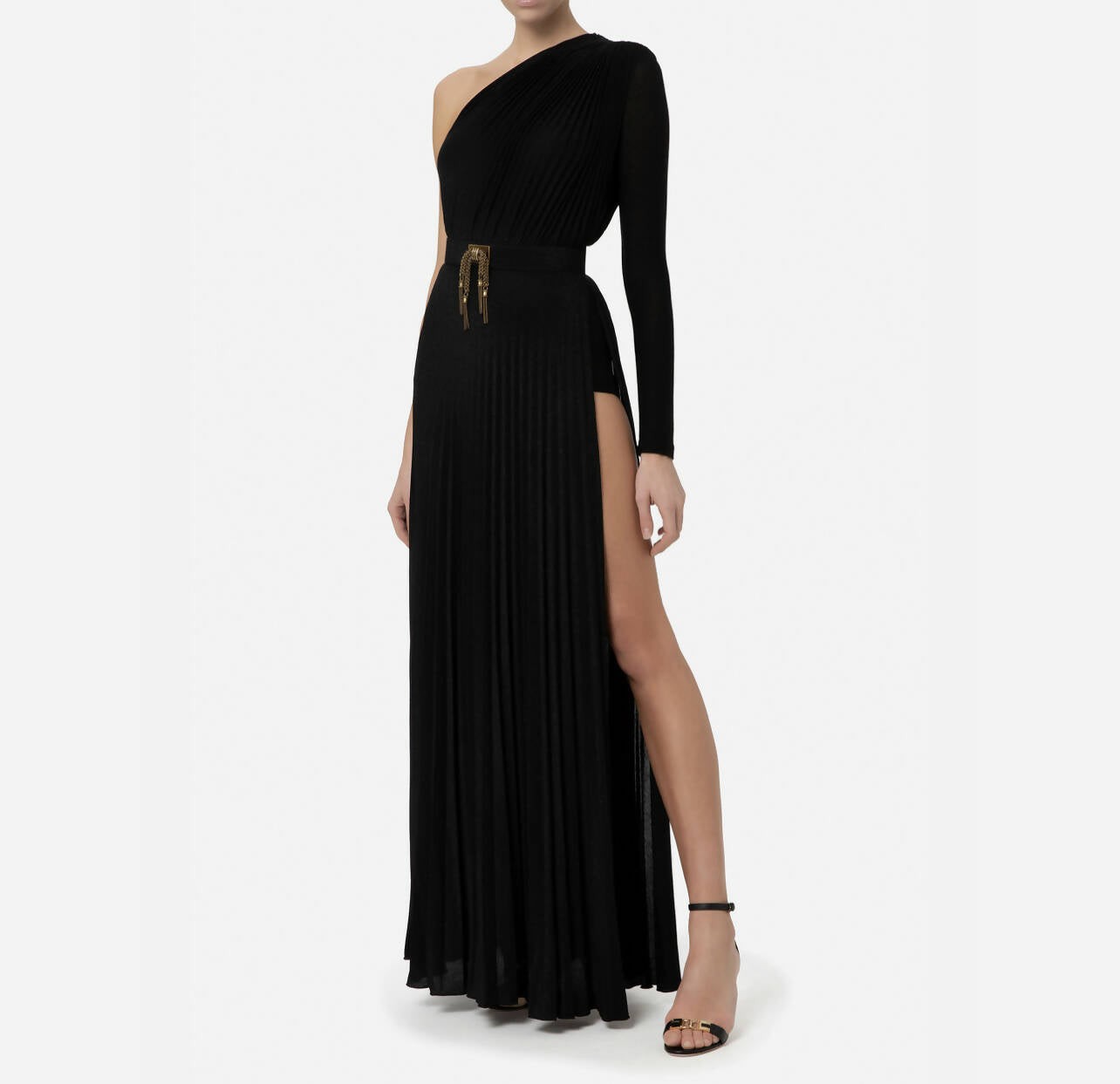 Side-open Pleated Dress - Black