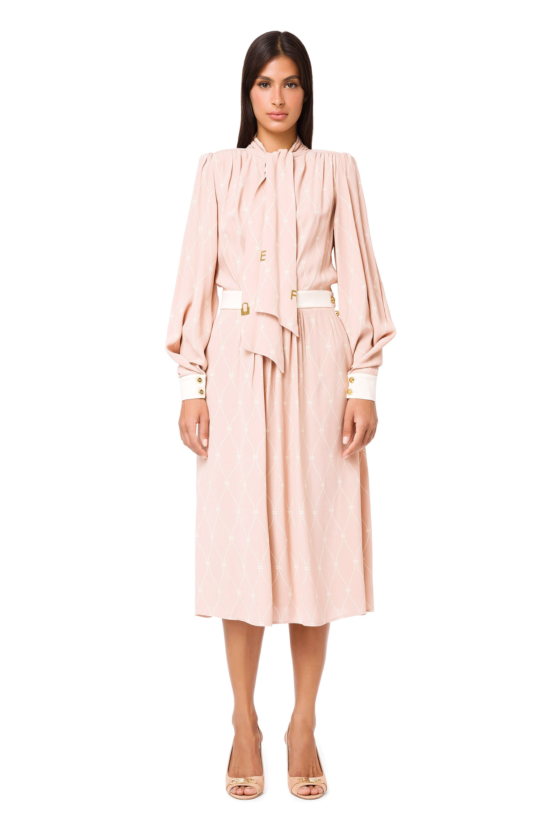 Shirt Dress with Scarf Collar - Champagne