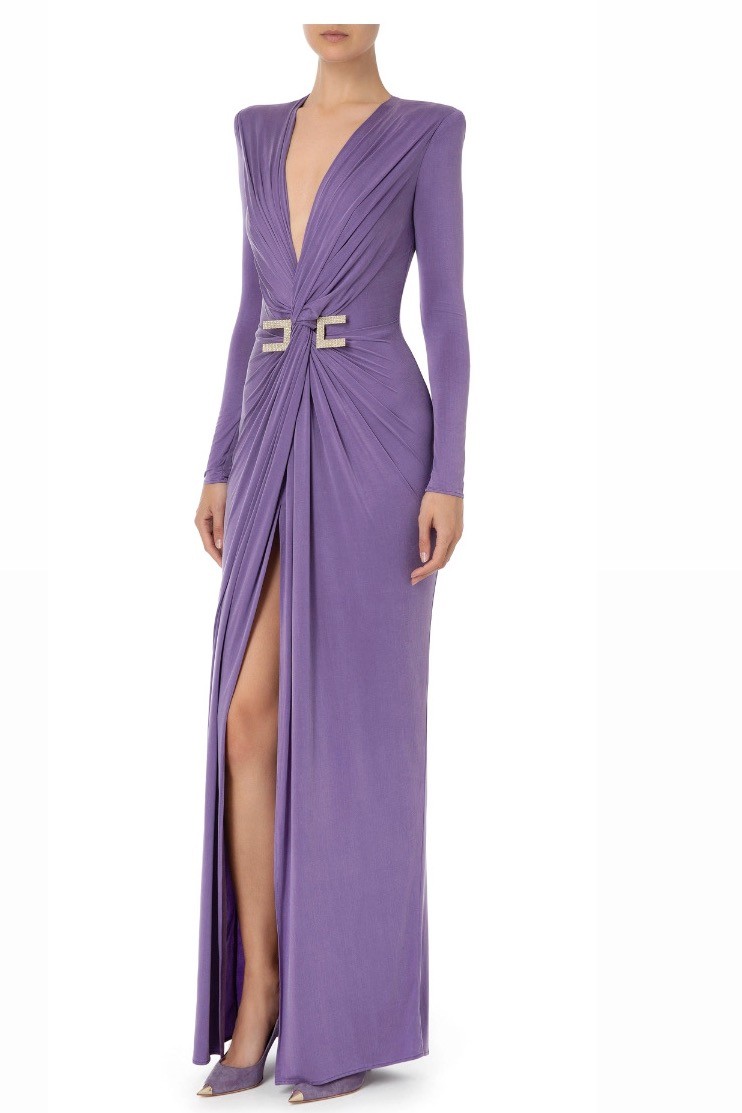 Elisabetta Franchi - RED CARPET DRESS WITH LONG SLEEVES AND RHINESTONES MAXI C - Amethyst