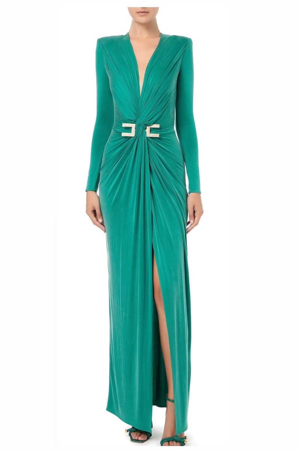 Elisabetta Franchi - RED CARPET DRESS WITH LONG SLEEVES AND RHINESTONES MAXI C - Emerald