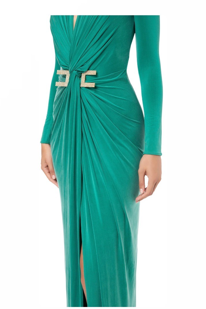 RED CARPET DRESS WITH LONG SLEEVES AND RHINESTONES MAXI C - Emerald