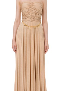 Elisabetta Franchi - Lurex Long Dress With Charms Belt -  Honey