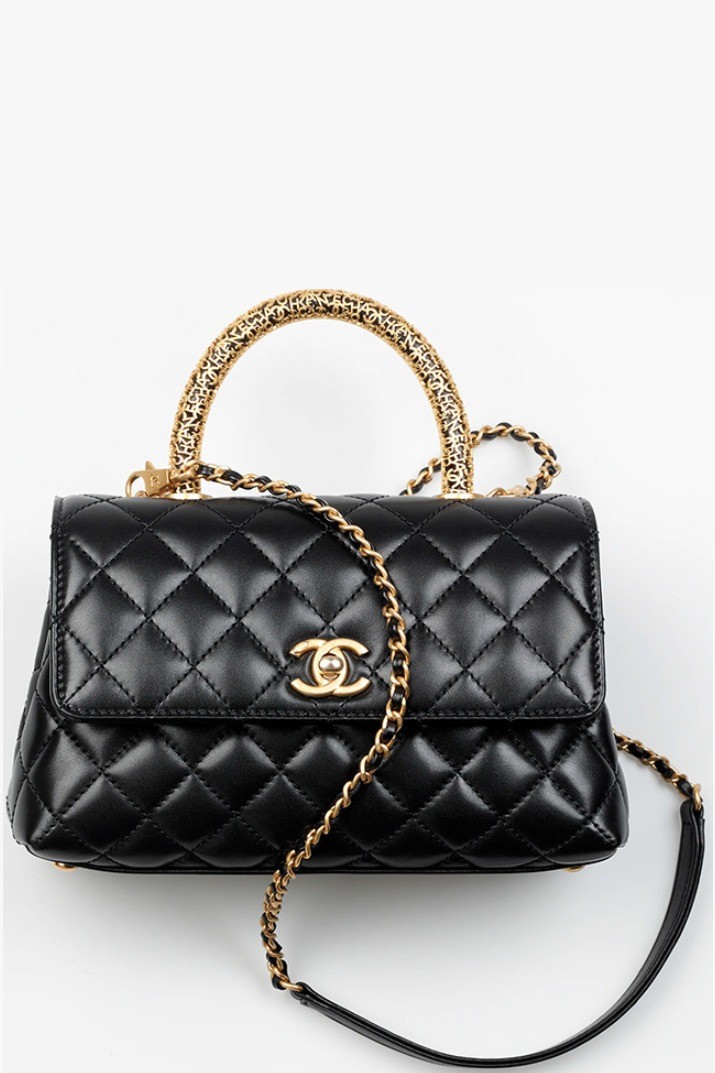 Chanel - Mini Coco Handle Calfskin Leather Bag - Black with Symbolic Golden Handle