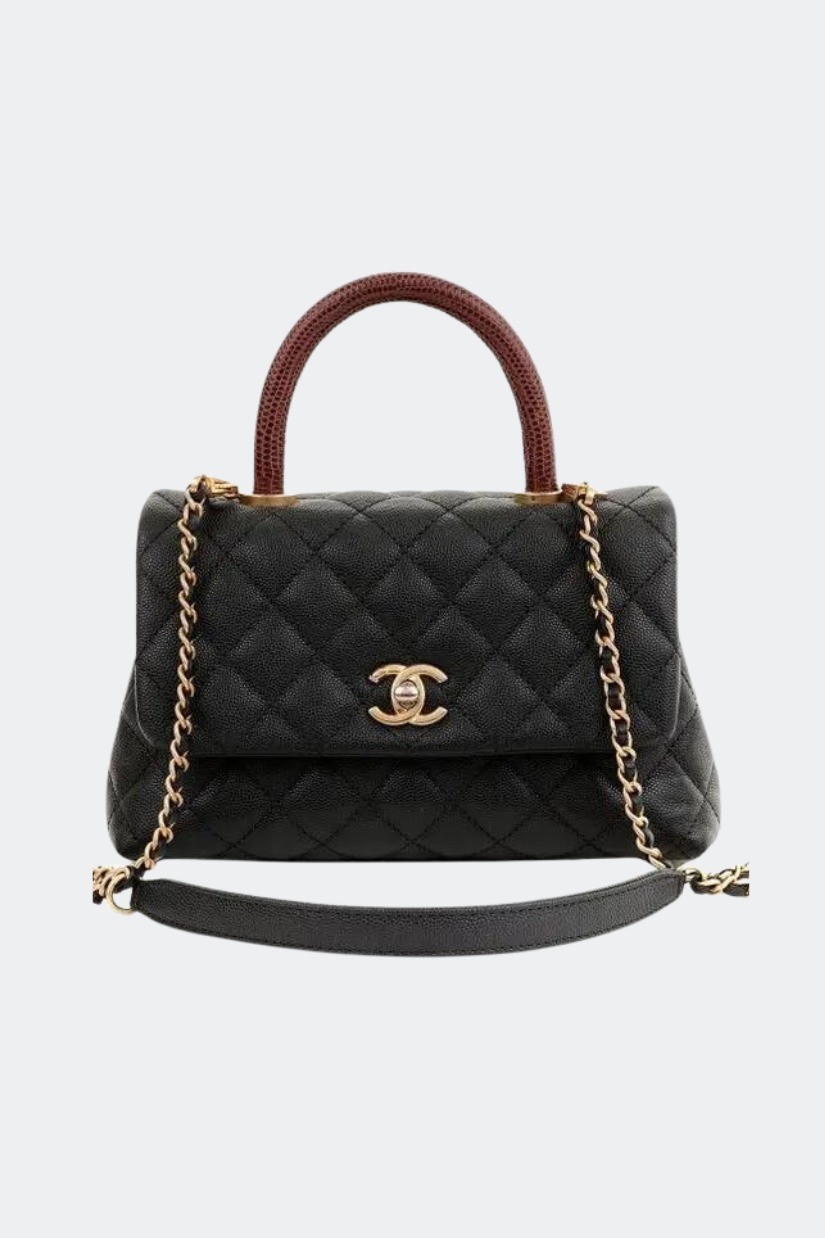 Chanel - Small Coco Handle Caviar Leather Bag- Black with Lizard Handle