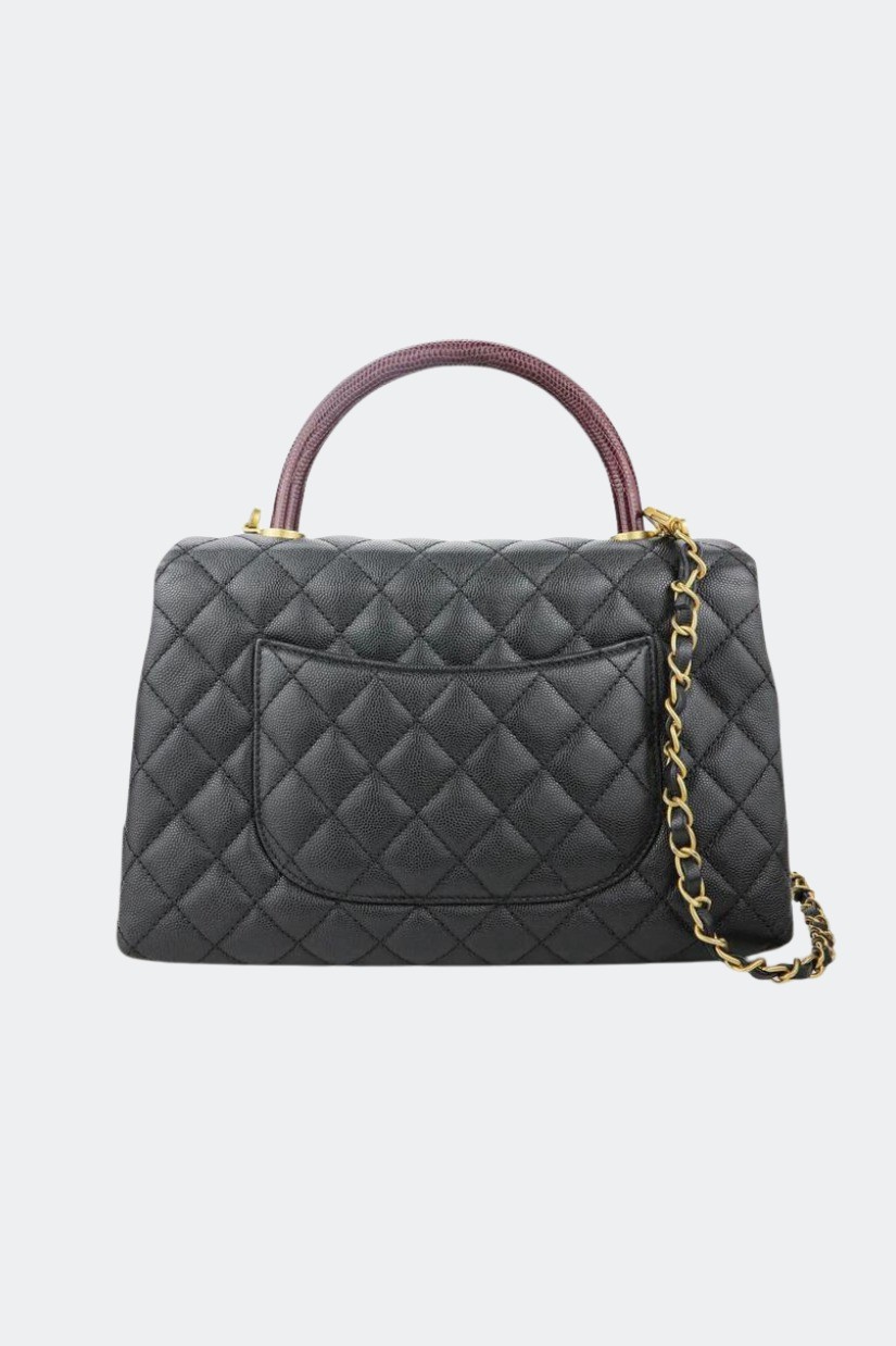 Chanel - Small Coco Handle Caviar Leather Bag- Black with Lizard