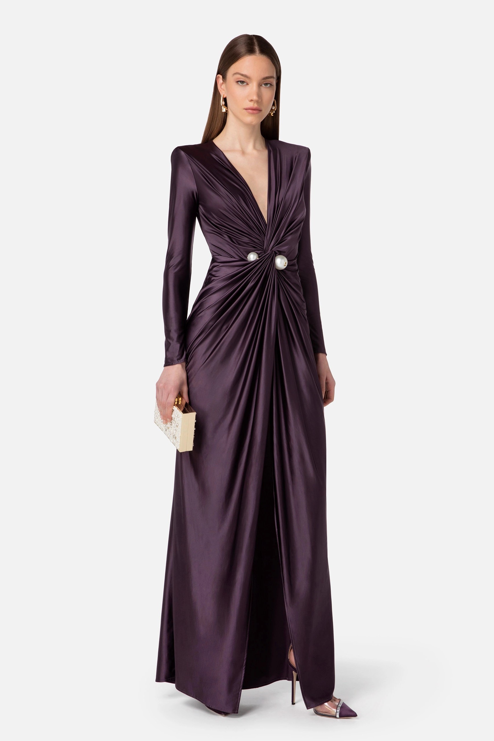 Elisabetta Franchi - Red Carpet Dress In Lycra With Pearls - Plum
