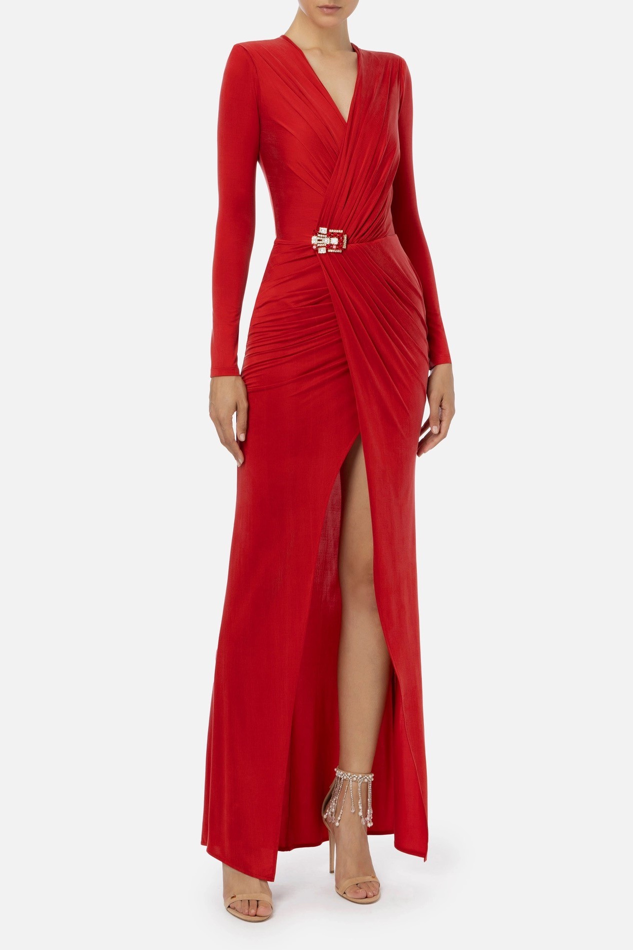 Red Carpet dress in cupro jersey with accessory - red