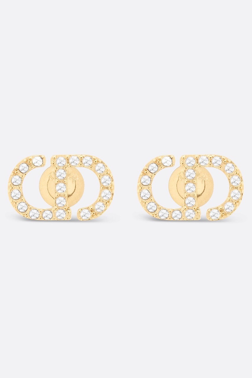 Petit CD Stud Earrings Gold-Finish Metal and White Crystals