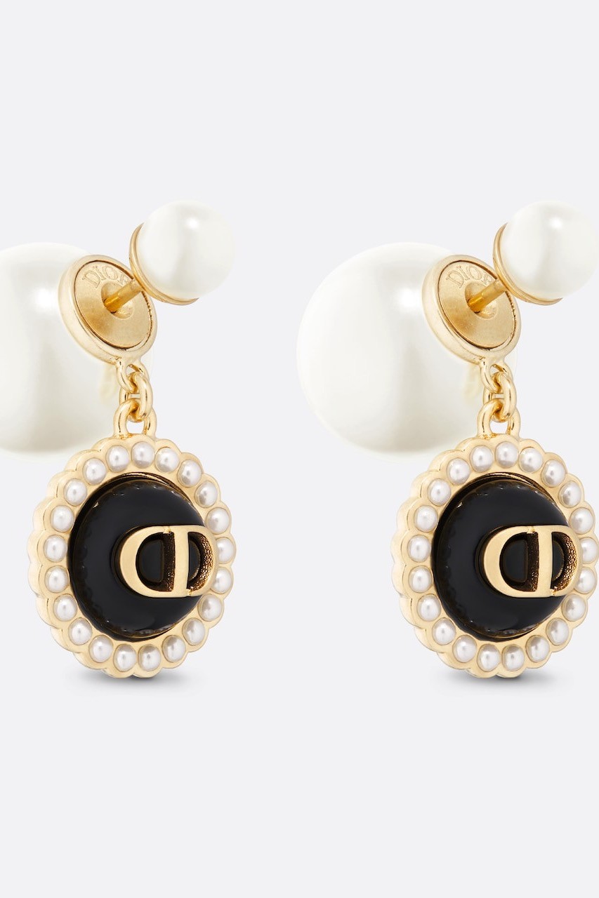 DIOR TRIBALES EARRINGS - Gold-Finish Metal with White Resin Pearls and Black Glass