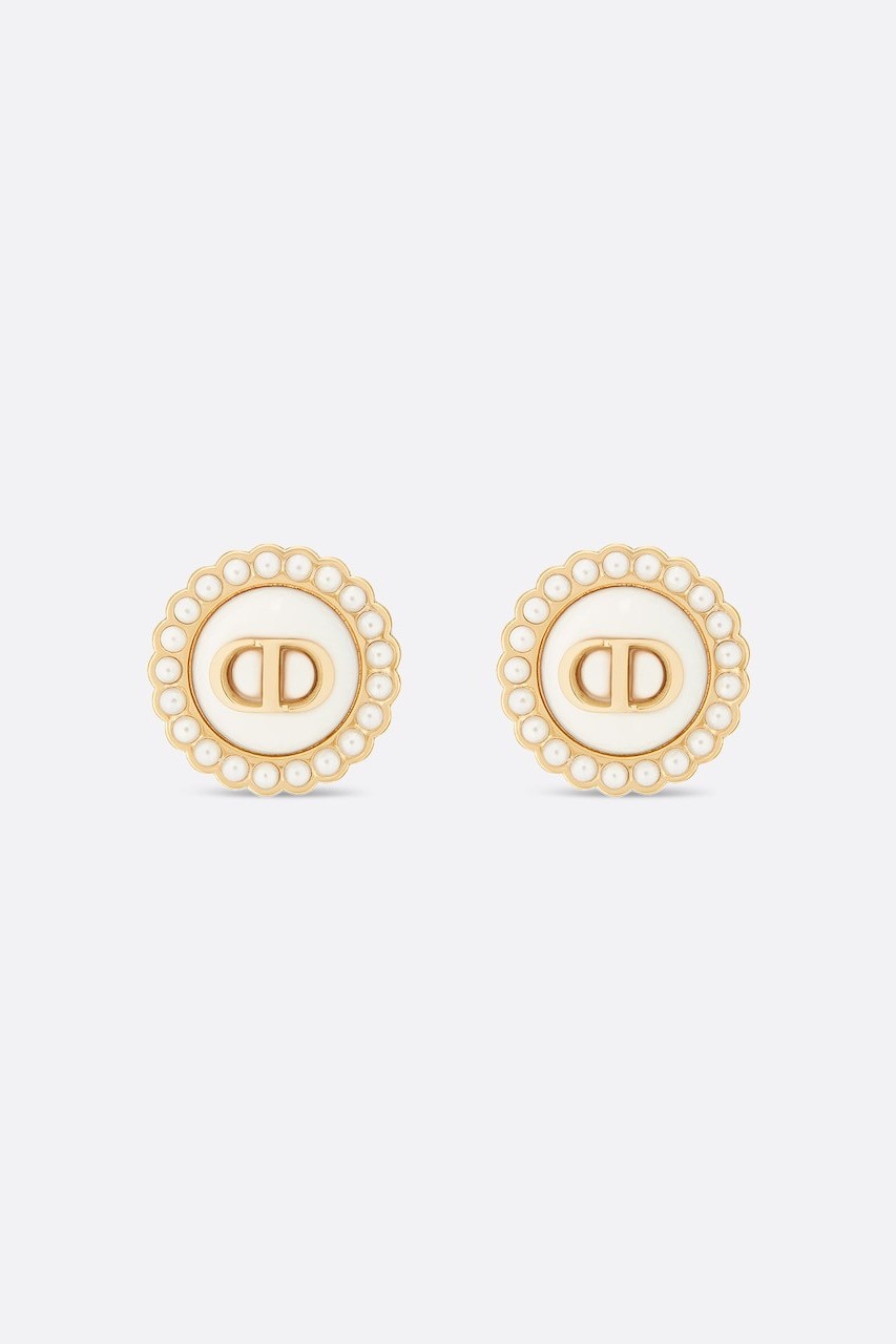 PETIT CD STUD EARRINGS - Gold-Finish Metal with White Resin Pearls and Latte Glass