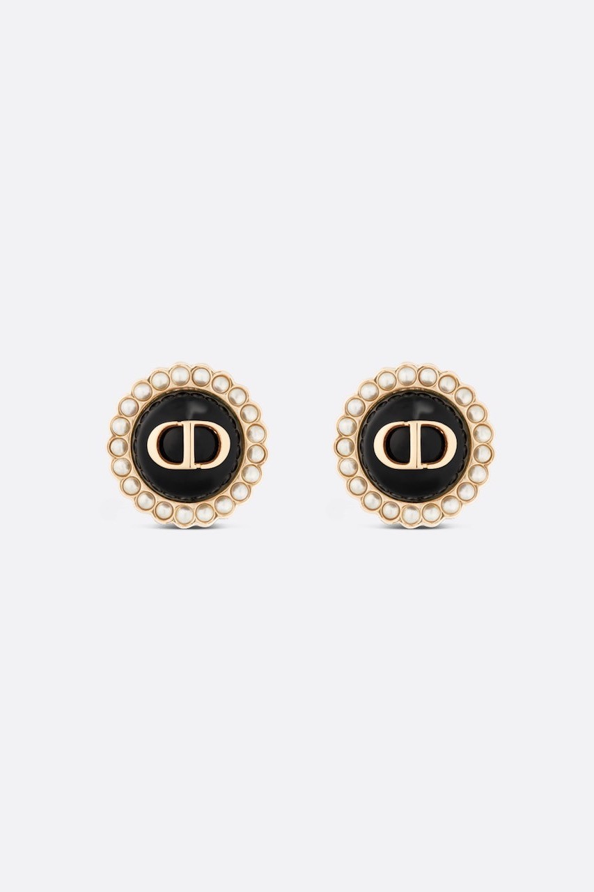 Dior - PETIT CD STUD EARRINGS - Gold-Finish Metal and White Resin Pearls with Black Glass