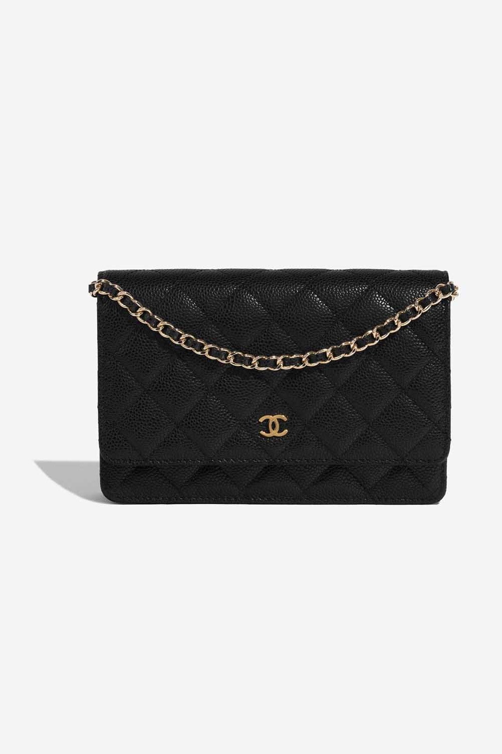 Chanel woc wallet of chain caviar black gold top  Chanel classic flap bag,  Coco chanel bags, Chanel bag classic