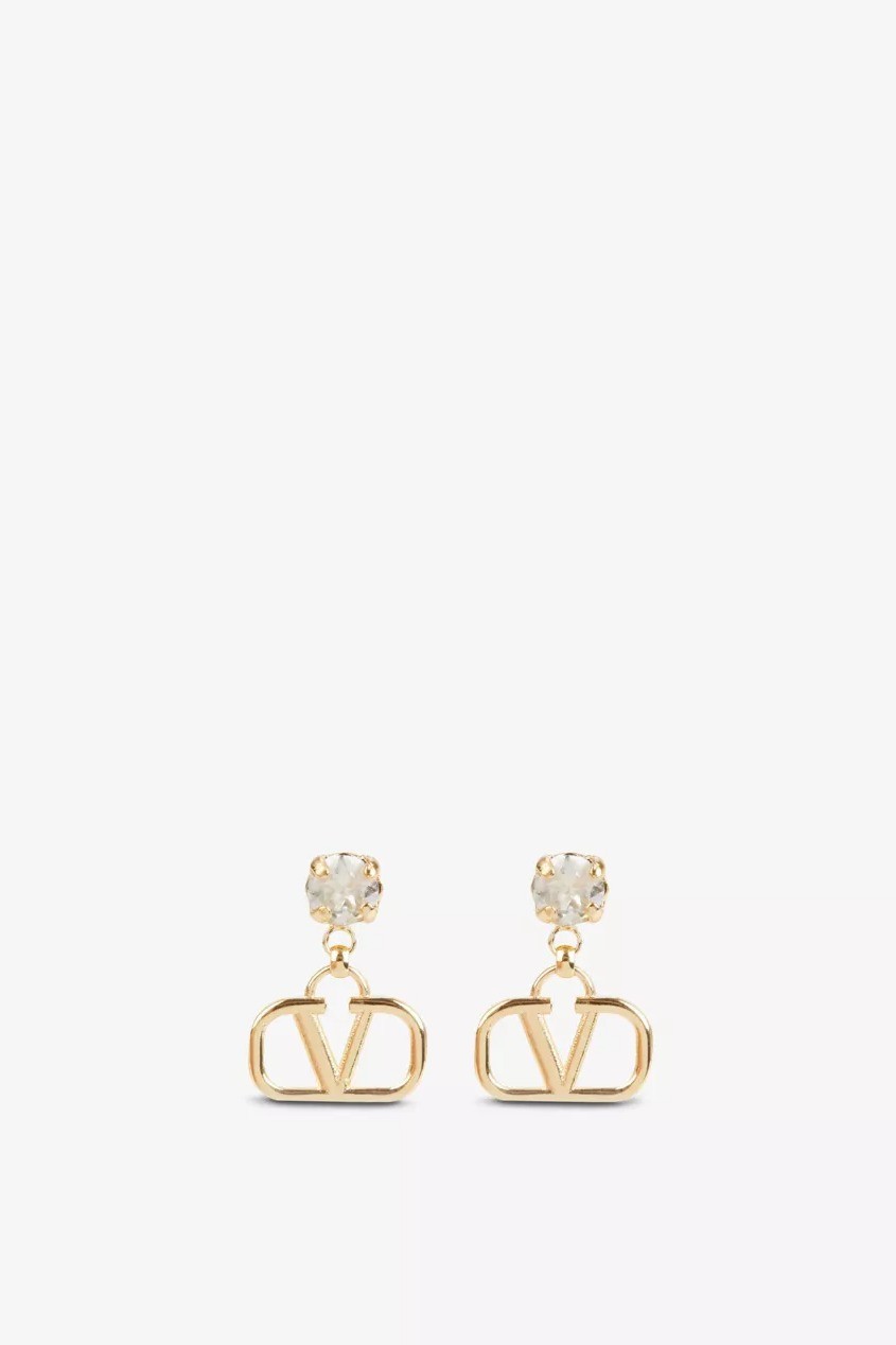 Valentino - VLOGO rhinestone-embellished gold-toned brass earrings