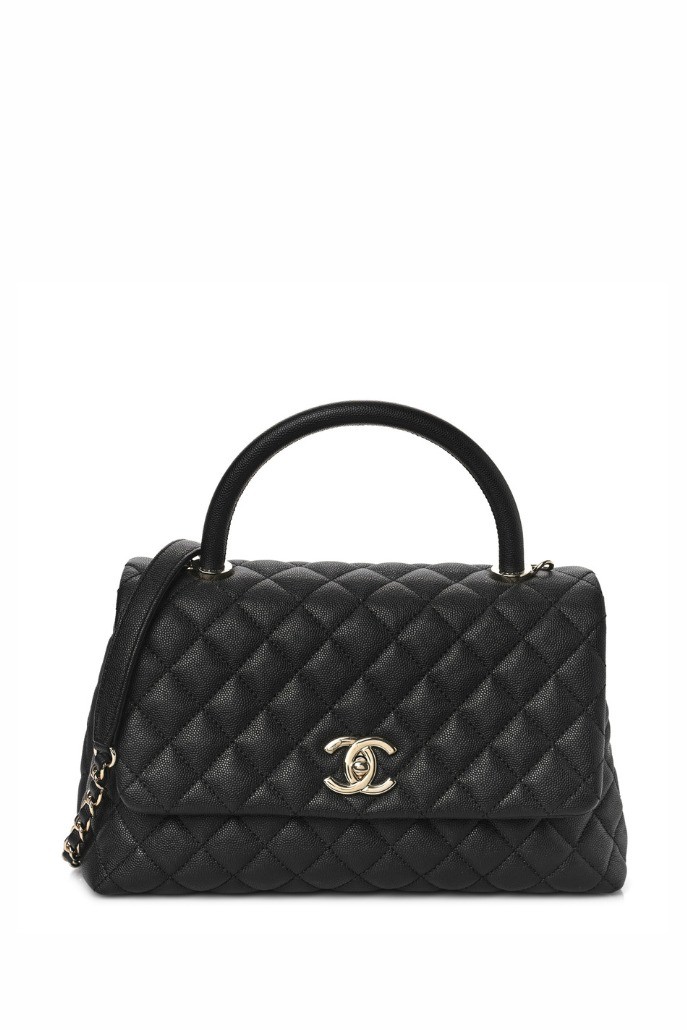 Chanel - Medium Coco Handle Caviar Leather Bag- Black Handle