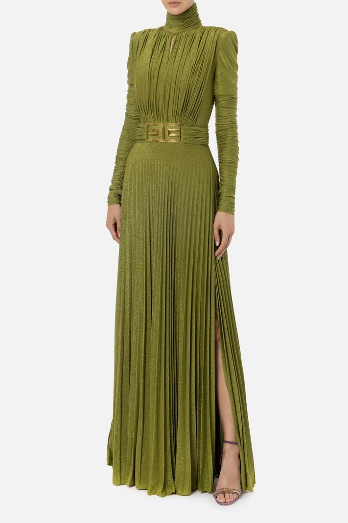 Red Carpet dress in pleated lurex jersey - Olive oil