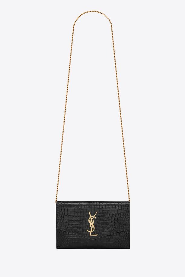 Saint Laurent -   uptown chain wallet in crocodile-embossed shiny leather  - Black