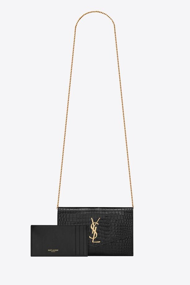   uptown chain wallet in crocodile-embossed shiny leather  - Black