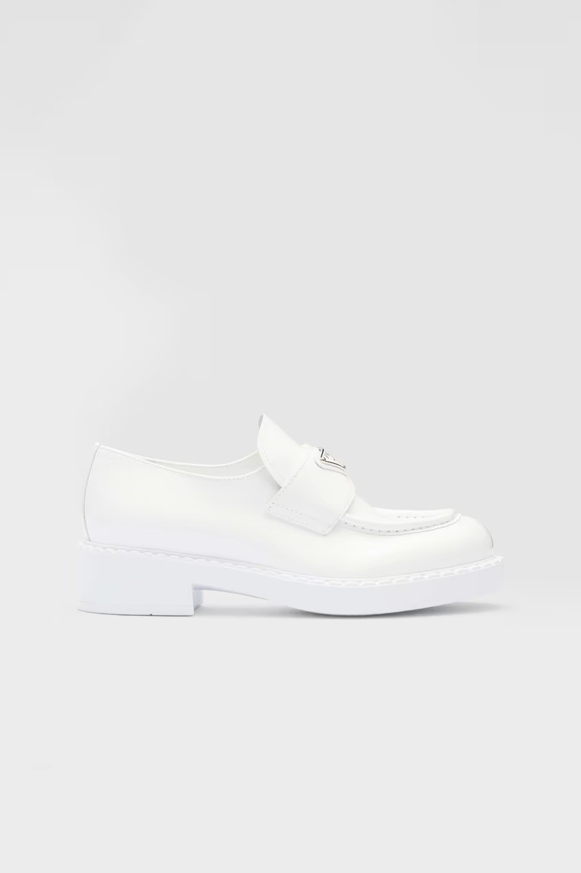 Chocolate patent leather loafers - White