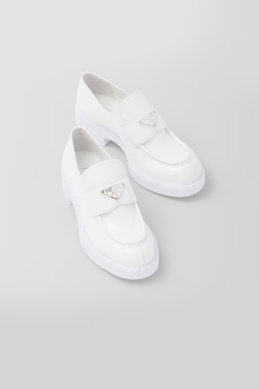 Chocolate patent leather loafers - White