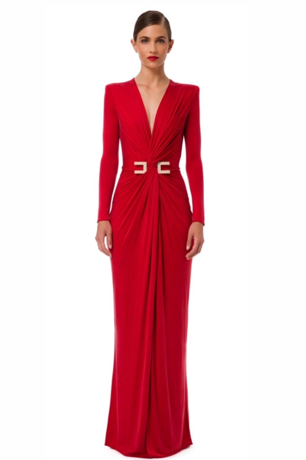 إليزابيتا فرانشي - فستان سجادة حمراء بأكمام طويلة وأحجار الراين MAXI C - Red Velvet
